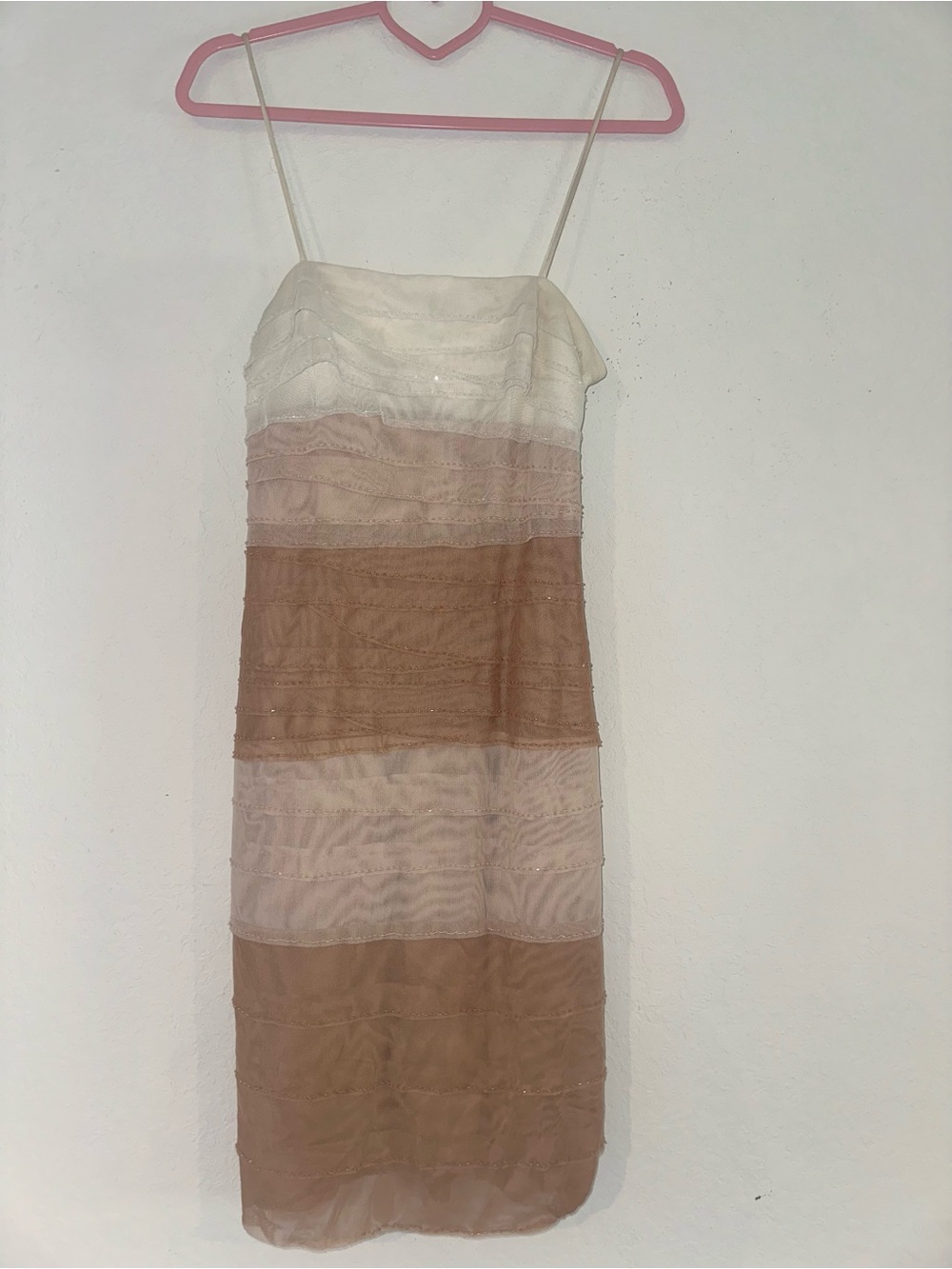 Cache 4 Cream Brown Pleated Ombré Tiered Mini Beaded Cocktail Fall Preppy Dress